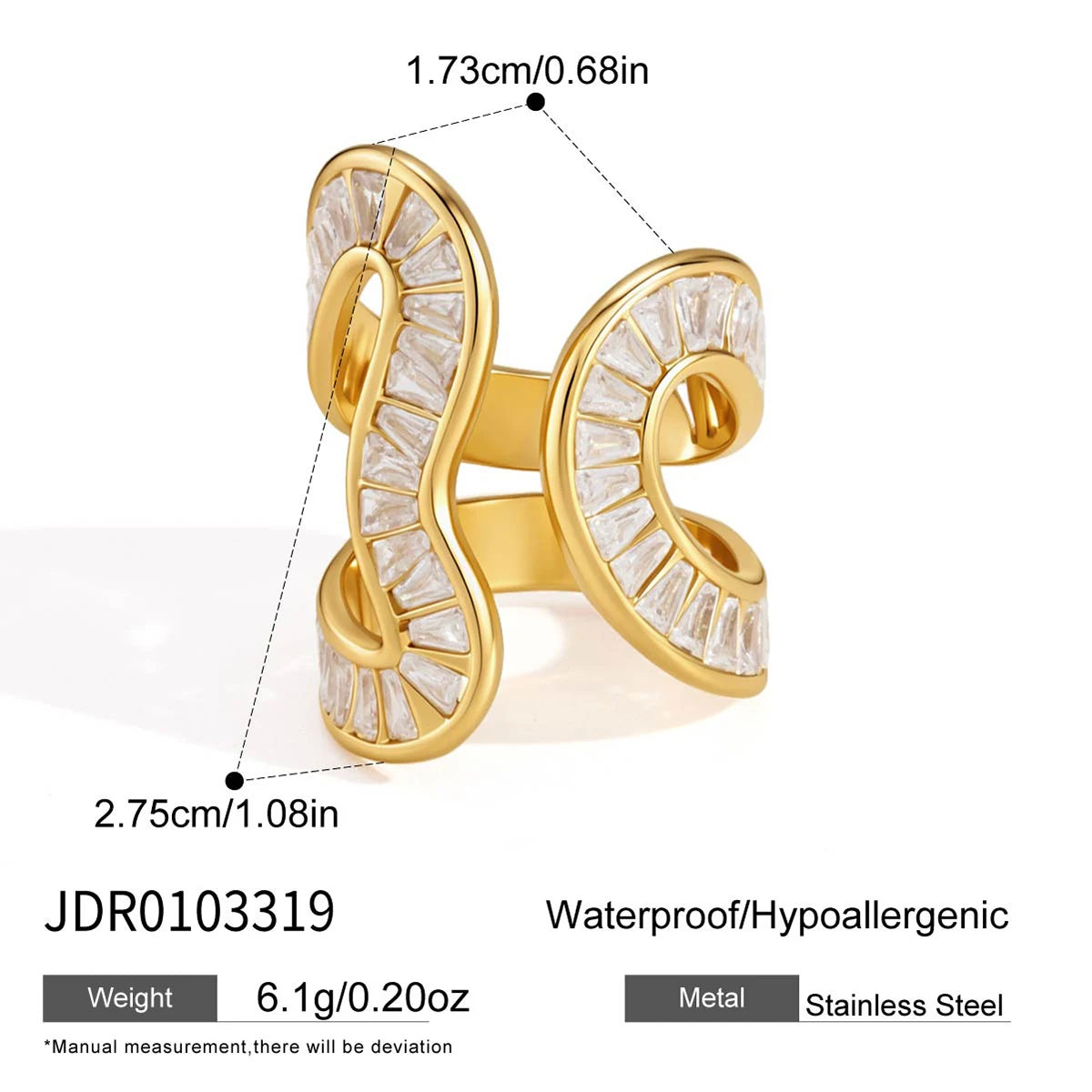 Uworld Full Crystal Geometric Open Rings For Women Minimalist 18K Gold PVD Plated Stainless Steel Rings Fashion Jewelry Gift