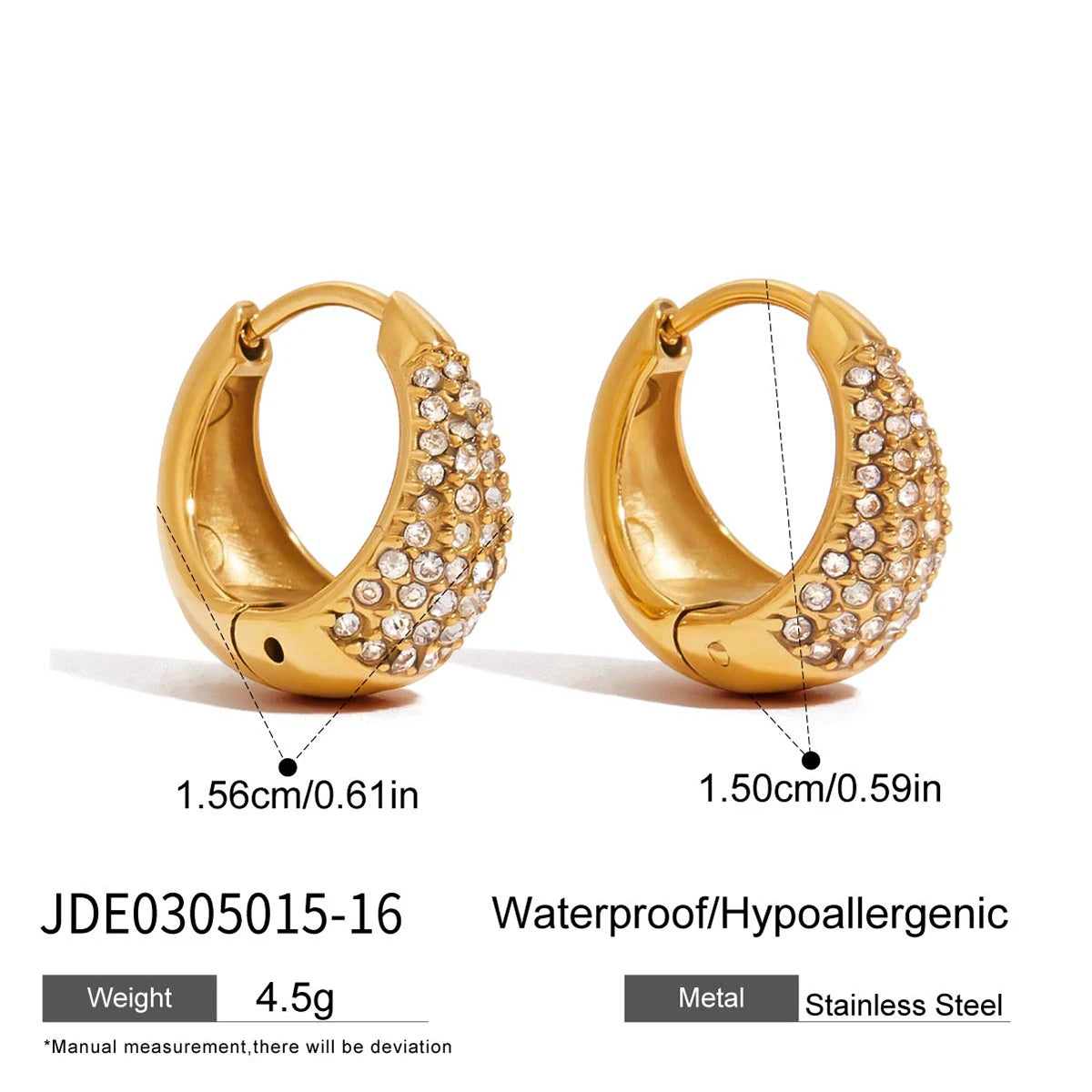 Uworld 14/16/18mm Czech Zircon Chunky Hoop Earrings 18K Gold Color Stainless Steel Tarnish Resistant Metal Fashion Jewelry Water