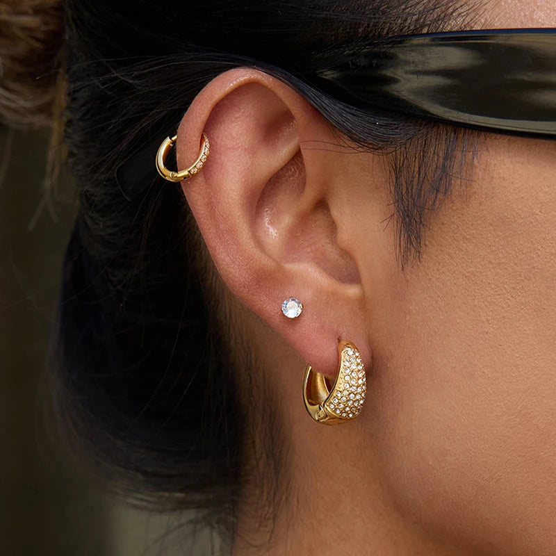 Uworld 14/16/18mm Czech Zircon Chunky Hoop Earrings 18K Gold Color Stainless Steel Tarnish Resistant Metal Fashion Jewelry Water