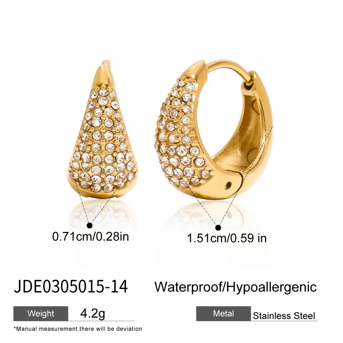 Uworld 14/16/18mm Czech Zircon Chunky Hoop Earrings 18K Gold Color Stainless Steel Tarnish Resistant Metal Fashion Jewelry Water
