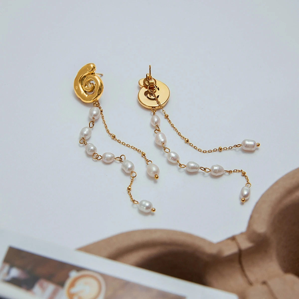 Uworld Ocean Vacation Style Stainless Steel Freshwater Pearl Tassel Pendant Spiral Earrings Women's Accessories Party Gift