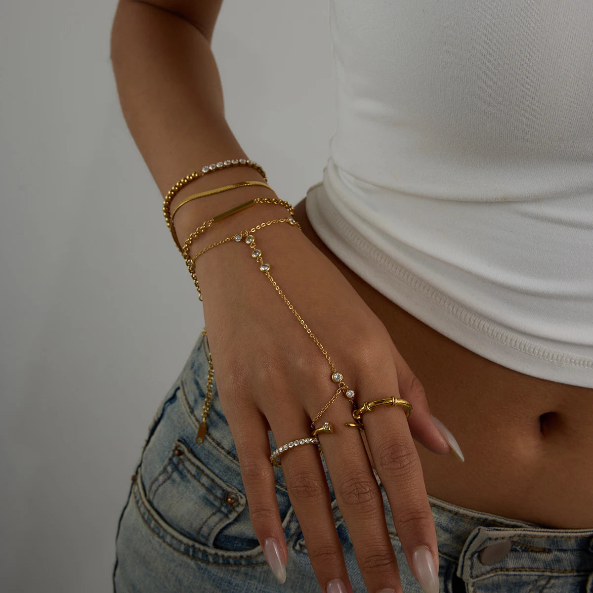 Uworld Fashion 18K Gold Color Stainless Steel Zircon Finger Bracelet Stackable Ring Bracelet Women's Accessories Party Gift