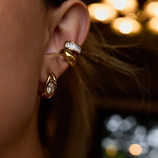 Uworld Minimalist White Zircon C-shaped Earrings 18K Gold Color Plated Stainless Steel Round Earrings Women's Accessories Party