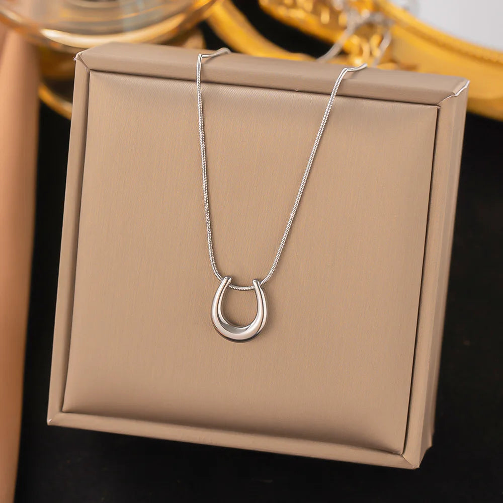 Fashion Geometric U-shape Pendant Necklace For Women Stainless Steel Gold Color Minimalist Clavicle Chain Jewelry Gift New
