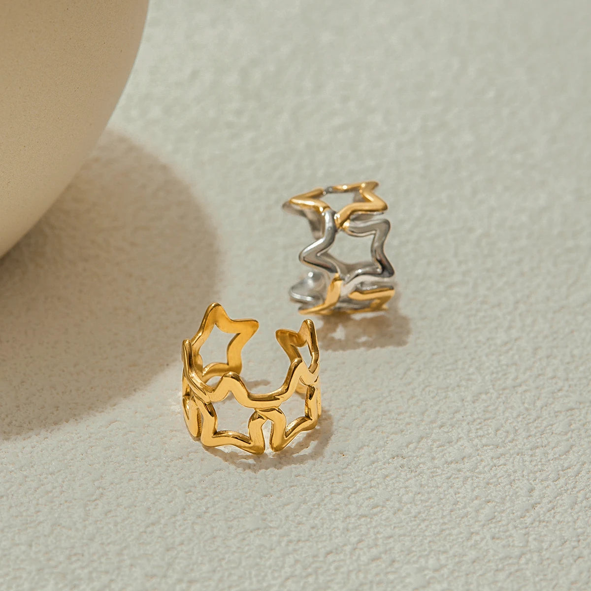 Uworld Minimalist 18K Gold Color Plated Stainless Steel Two tone Star Hollow Ring Women's Jewelry Party Gift