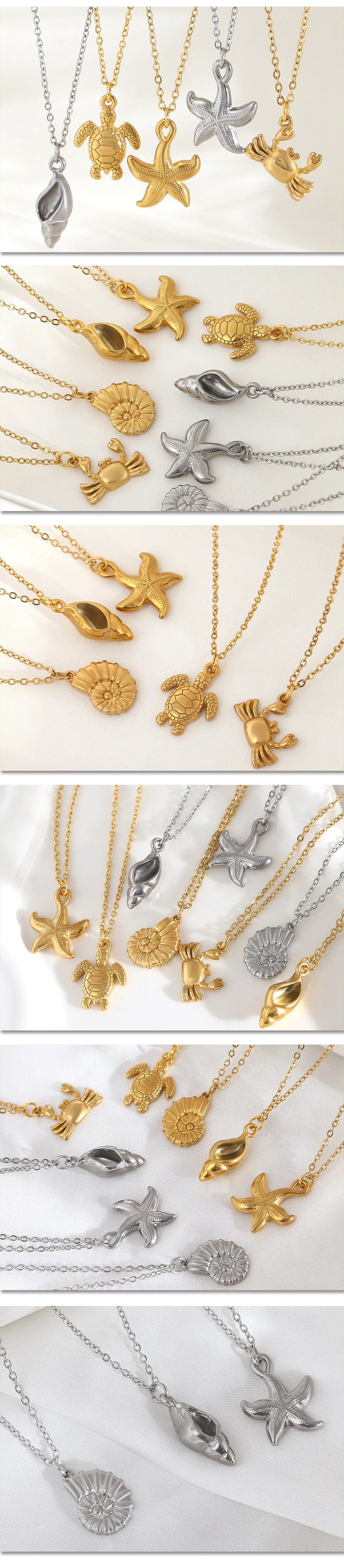 MHS.SUN Starfish Shell Conch Pendant Necklaces For Women Men Stainless Steel Trendy Chain Choker Beach Party Jewelry Summer