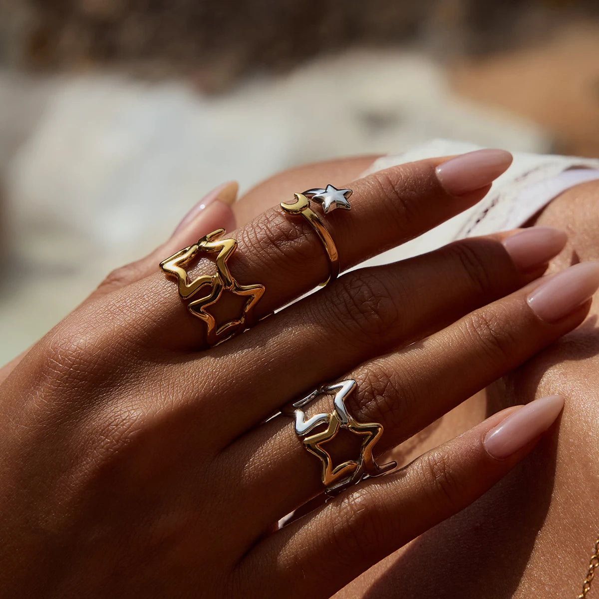 Uworld Minimalist 18K Gold Color Plated Stainless Steel Two tone Star Hollow Ring Women's Jewelry Party Gift