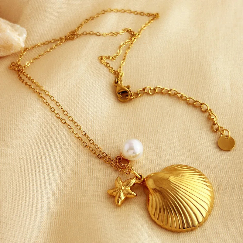 MHS.SUN Starfish Shell Conch Pendant Necklaces For Women Men Stainless Steel Trendy Chain Choker Beach Party Jewelry Summer