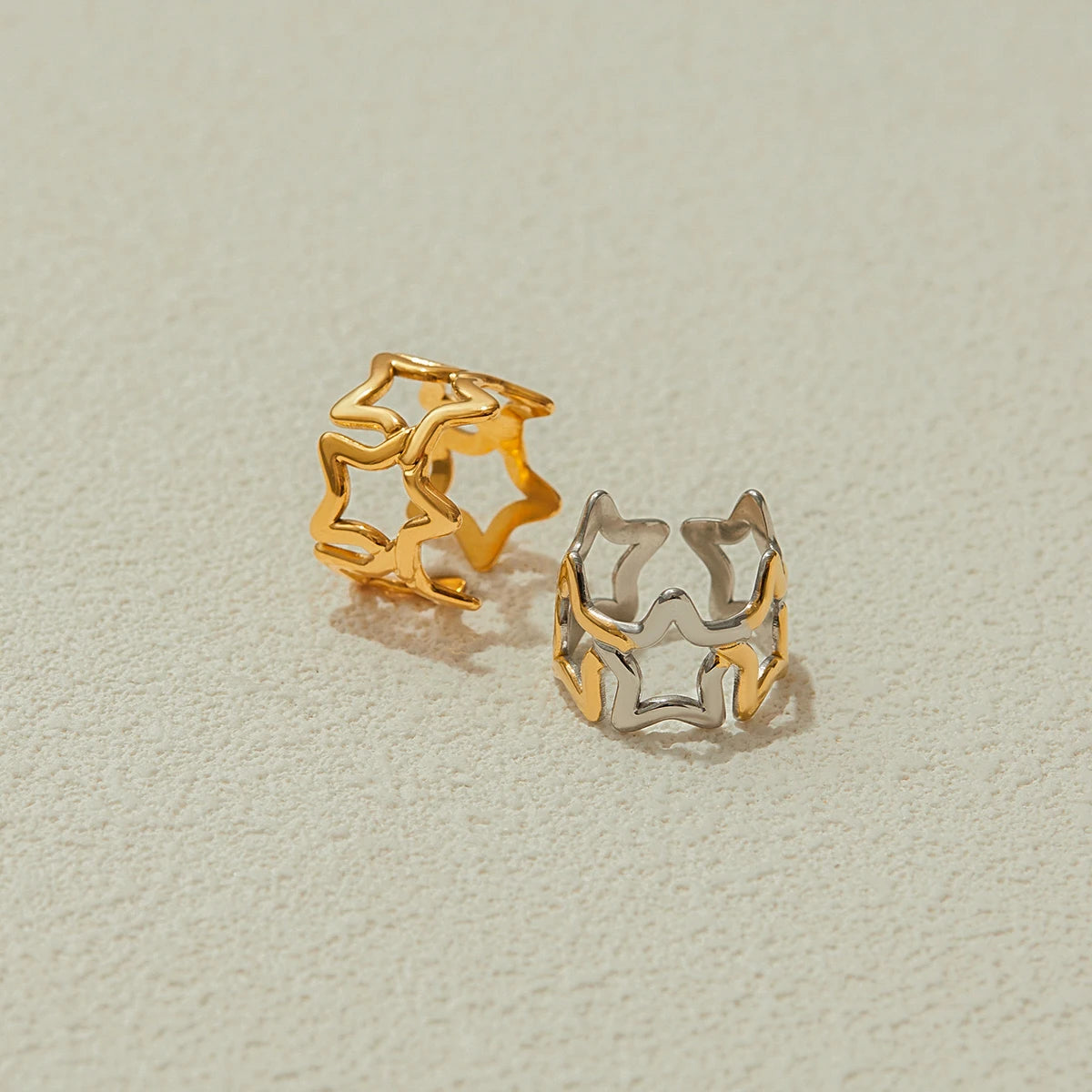 Uworld Minimalist 18K Gold Color Plated Stainless Steel Two tone Star Hollow Ring Women's Jewelry Party Gift