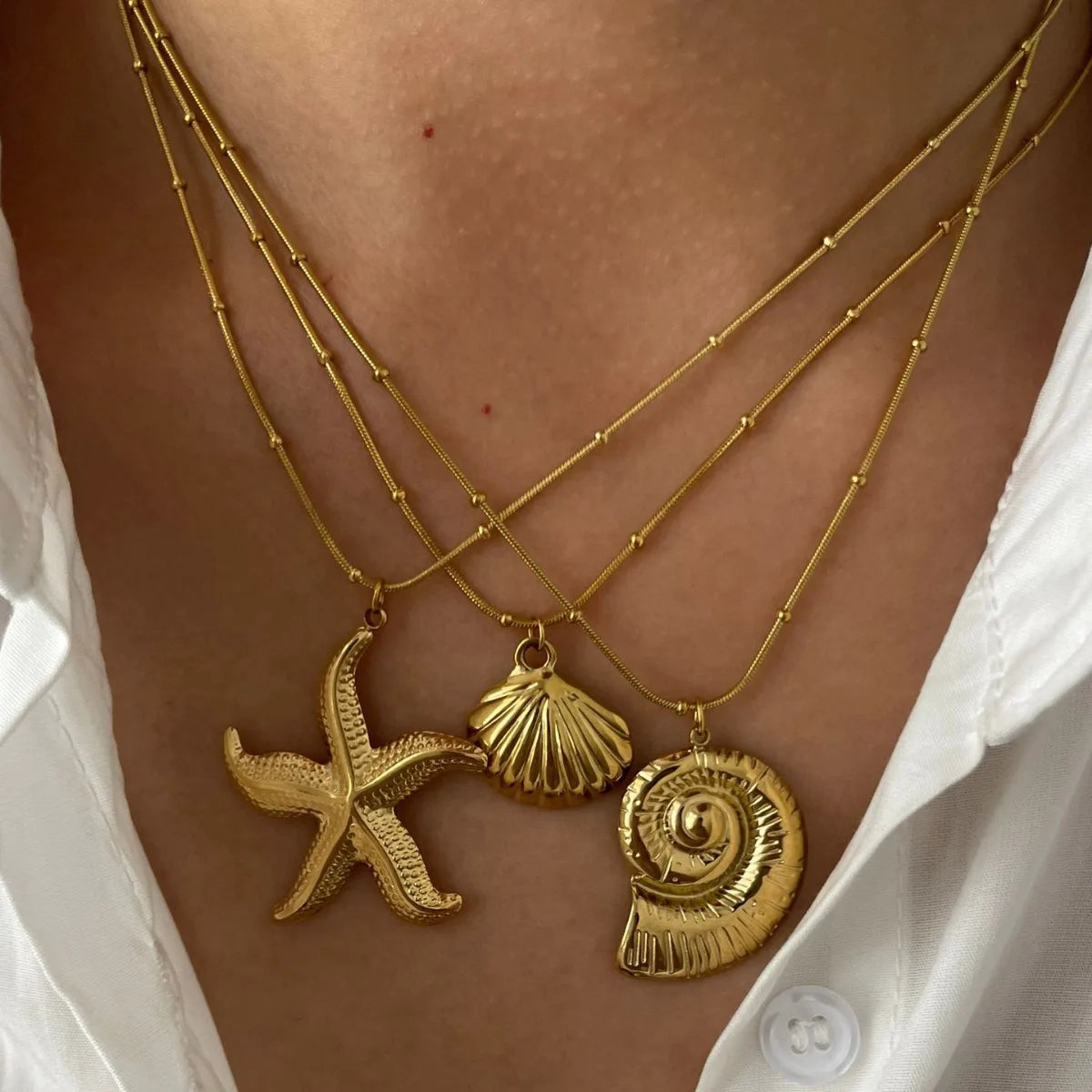 MHS.SUN Starfish Shell Conch Pendant Necklaces For Women Men Stainless Steel Trendy Chain Choker Beach Party Jewelry Summer