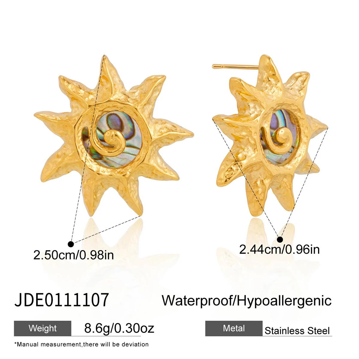 Uworld Classic Gold Color Hammer Pattern Spiral Sun Artificial Abalone Shell Earrings Women PVD Plated Stainless Steel Jewelry