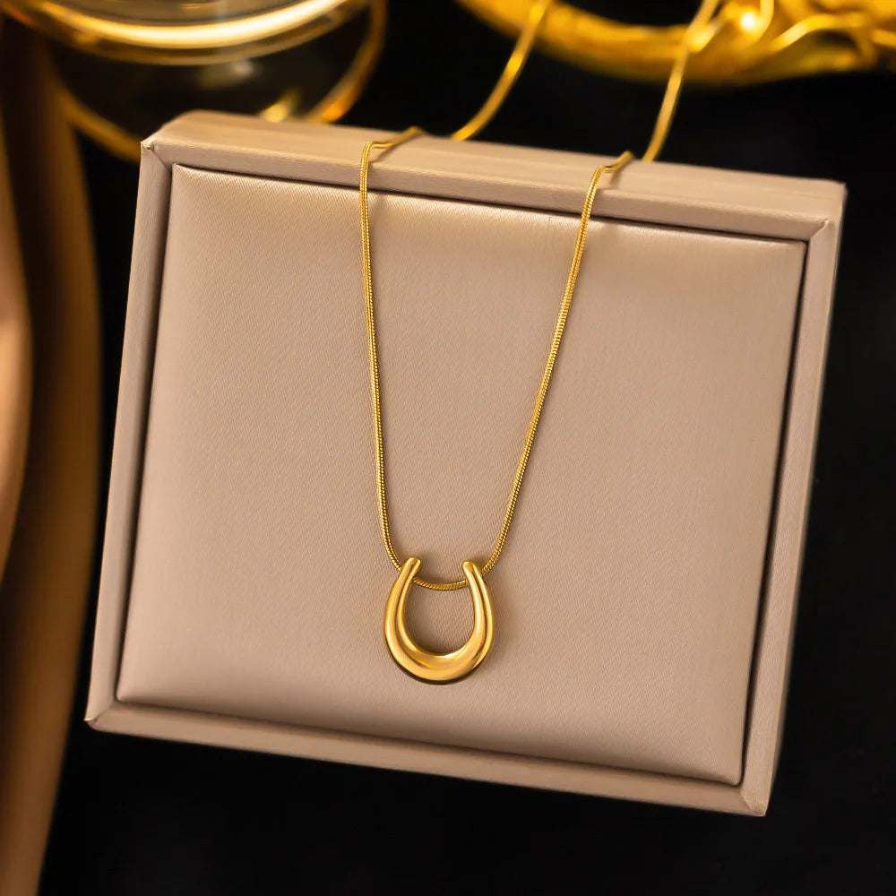 Fashion Geometric U-shape Pendant Necklace For Women Stainless Steel Gold Color Minimalist Clavicle Chain Jewelry Gift New