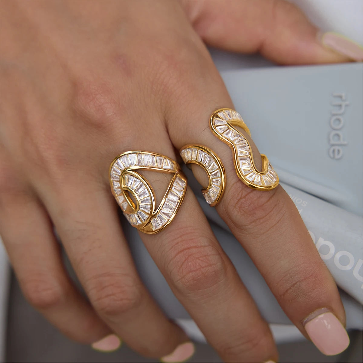 Uworld Full Crystal Geometric Open Rings For Women Minimalist 18K Gold PVD Plated Stainless Steel Rings Fashion Jewelry Gift
