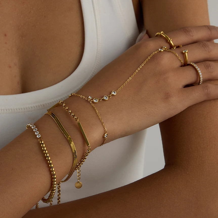 Uworld Fashion 18K Gold Color Stainless Steel Zircon Finger Bracelet Stackable Ring Bracelet Women's Accessories Party Gift