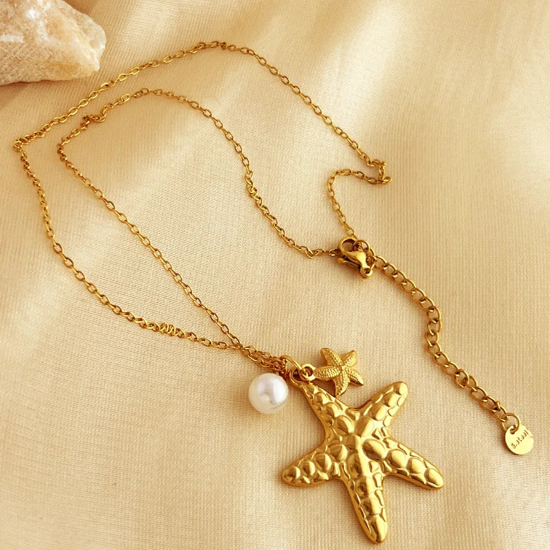 MHS.SUN Starfish Shell Conch Pendant Necklaces For Women Men Stainless Steel Trendy Chain Choker Beach Party Jewelry Summer