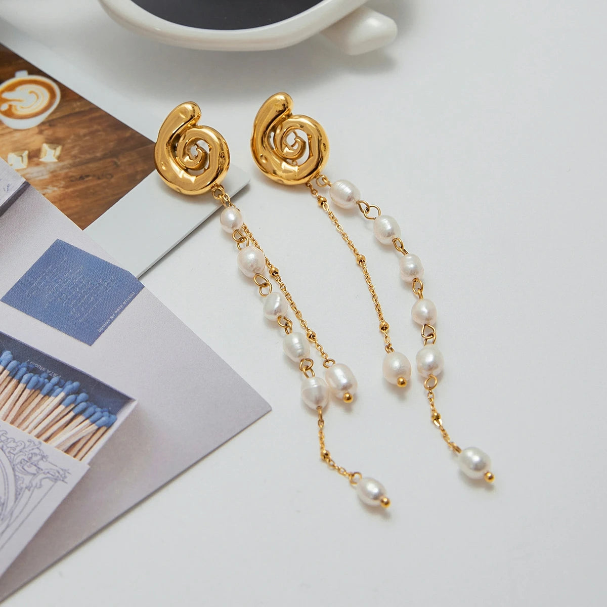 Uworld Ocean Vacation Style Stainless Steel Freshwater Pearl Tassel Pendant Spiral Earrings Women's Accessories Party Gift
