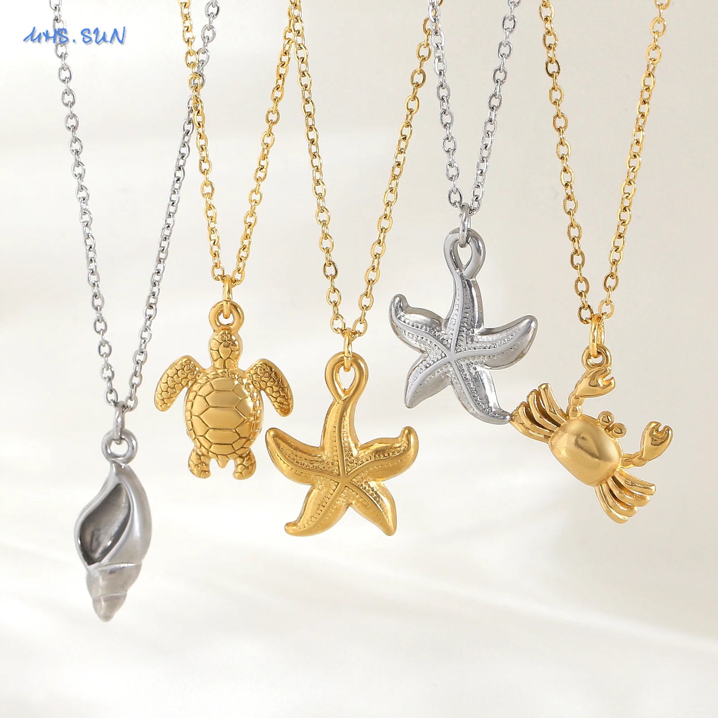 MHS.SUN Starfish Shell Conch Pendant Necklaces For Women Men Stainless Steel Trendy Chain Choker Beach Party Jewelry Summer
