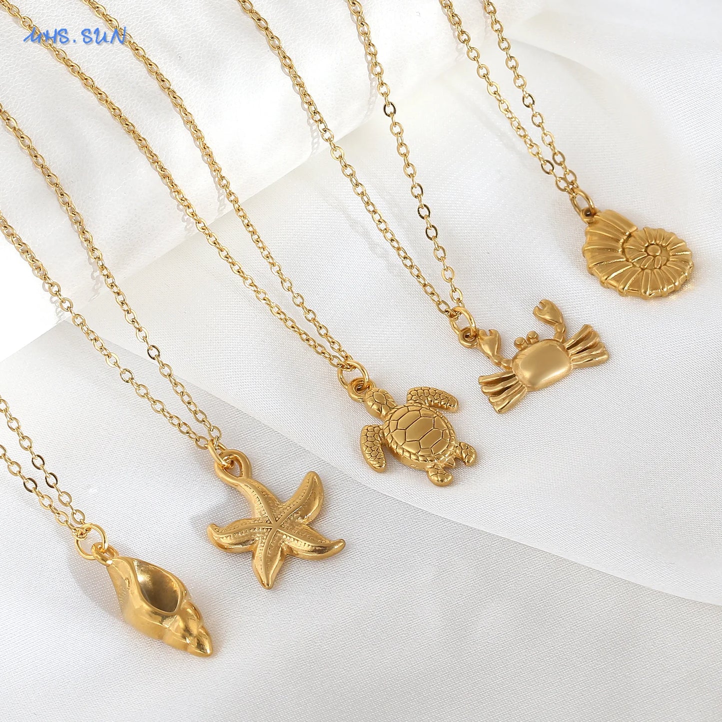 MHS.SUN Starfish Shell Conch Pendant Necklaces For Women Men Stainless Steel Trendy Chain Choker Beach Party Jewelry Summer