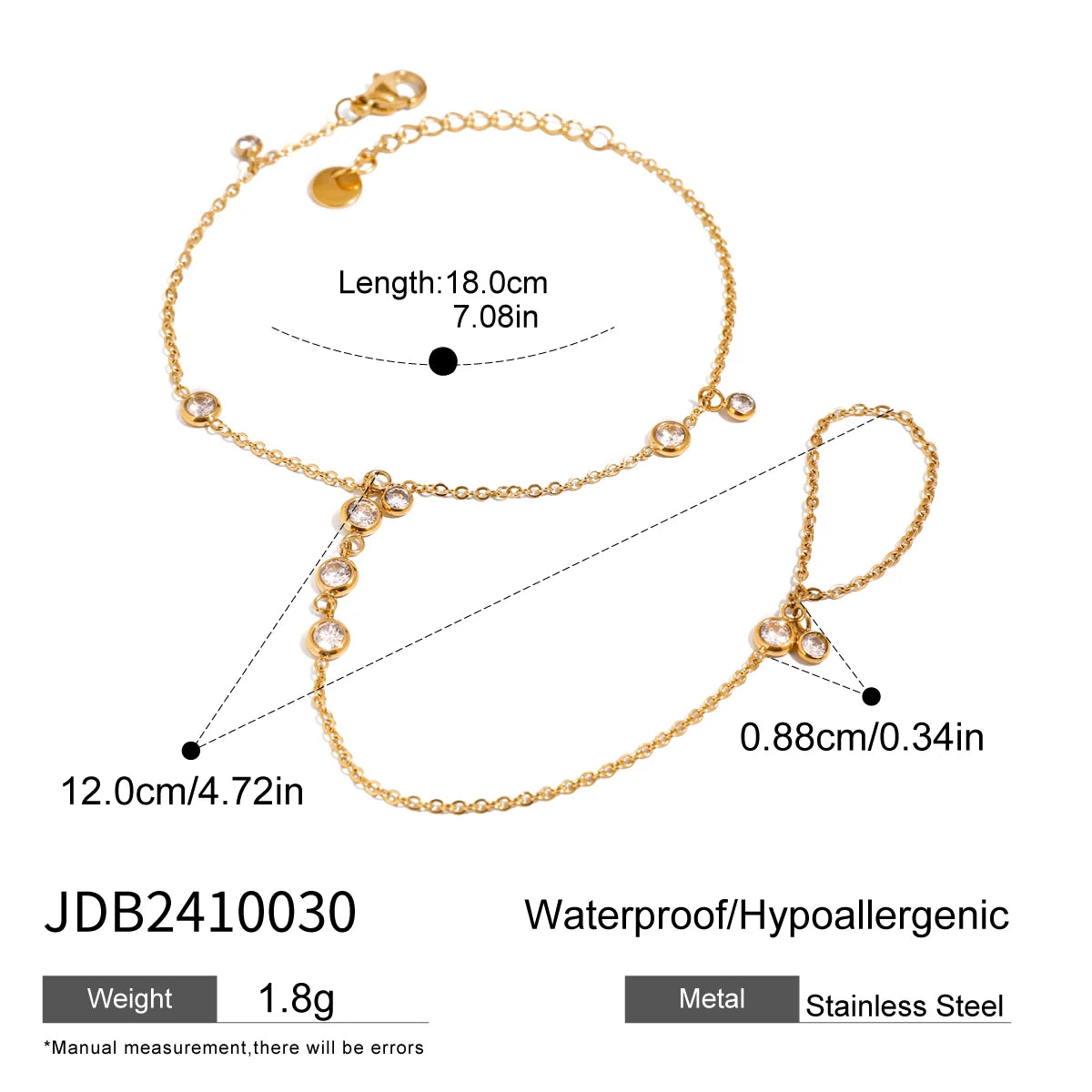 Uworld Fashion 18K Gold Color Stainless Steel Zircon Finger Bracelet Stackable Ring Bracelet Women's Accessories Party Gift